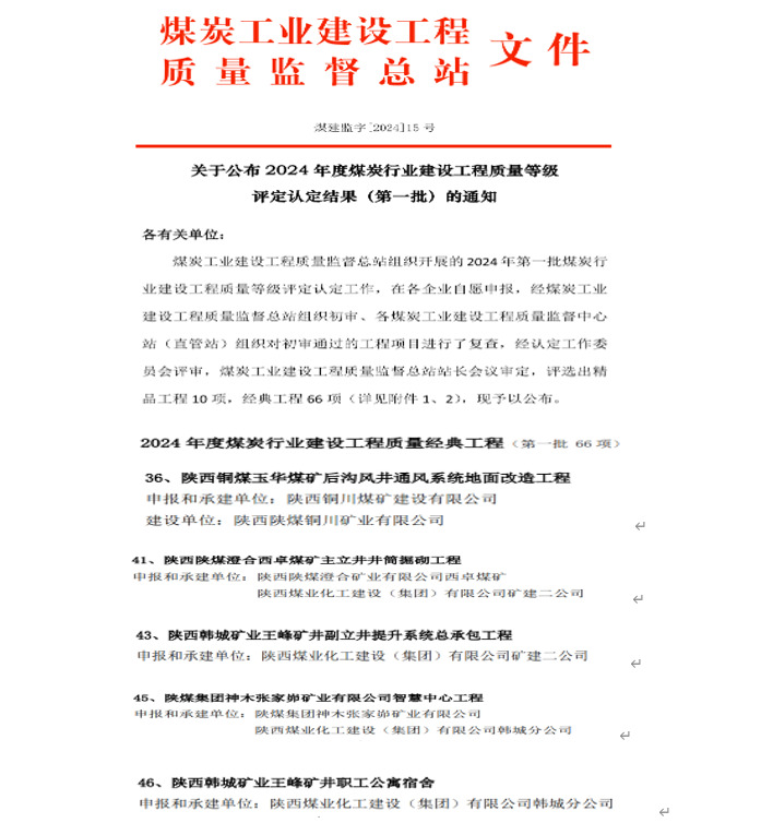 卓越“質”造！陜煤建設9項工程喜獲煤炭行業(yè)建設工程質量經(jīng)典工程